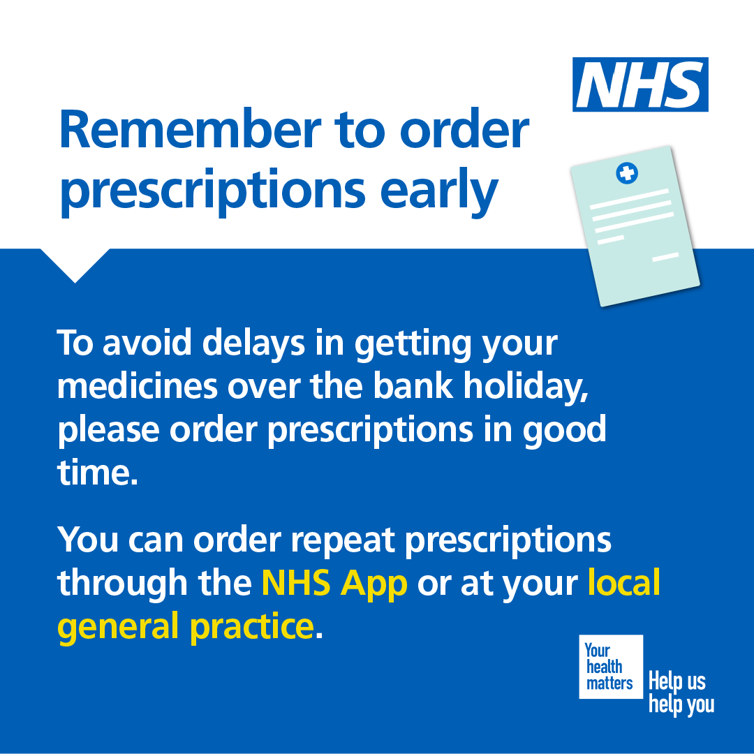 With the May bank holiday approaching, make sure you order repeat prescriptions in advance. For more information on how to do this, visit nhs.uk/nhs-services/p…