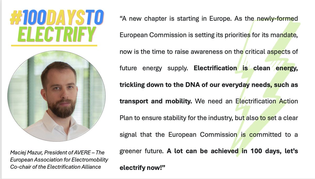 Our #100DaysToElectrify campaign is continuing! 💯 Why do we need an #ElectrificationActionPlan? Let our co-chair, @AVERE President Maciej Mazur, tell you more! 💡 @EuropeOn_EU @WindEurope @RenewablesGrid @ThinkCopperEU @helloheatpumps @SolarPowerEU @Eurelectric @smartEnEU