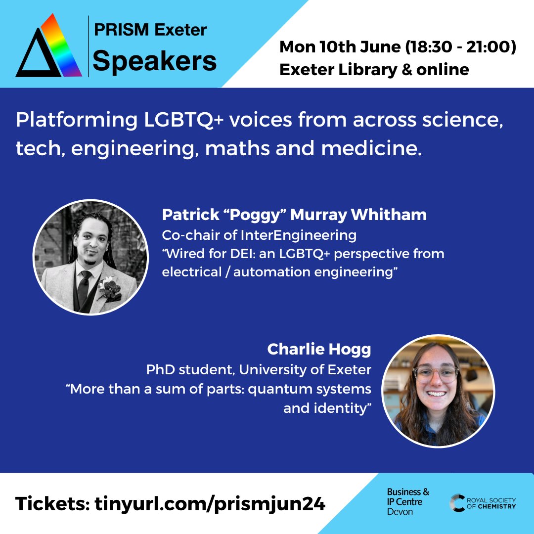 After the excitement of <a href="/ExeterPride/">Exeter Pride</a>, we return to @ExeterLibrary on Mon 10 Jun for #PrideMonth!

<a href="/InterEngLGBT/">InterEngineering</a> co-chair Poggy Whitham &amp; <a href="/UniofExeter/">University of Exeter</a> physicist Charlie Hogg will share insights into their work &amp; their experiences as LGBTQ+ folks in STEMM

🎟️tinyurl.com/prismjun24