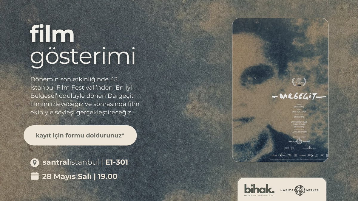 bilgi_haklar's tweet photo. 📢 43. İstanbul Film Festivali'nden 'En İyi Belgesel' ödülüyle dönen Dargeçit filminin ekip katılımlı gösteriminde buluşuyoruz! Gösteriminin ardından yönetmen Berke Baş, yapımcı Enis Köstepen ve Hakikat Adalet Hafıza Merkezi'nden Özlem Zıngıl'la söyleşi gerçekleştireceğiz. https://t.co/eCEvThlZzU