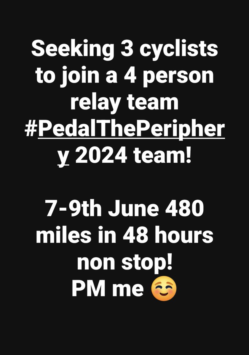 You know you want to ....
Any target distance at all of the 480 miles within the relay format
💪💜
<a href="/NIPANC_/">NIPANC</a>  #pedaltheperiphery #timematters #IblamePaddy