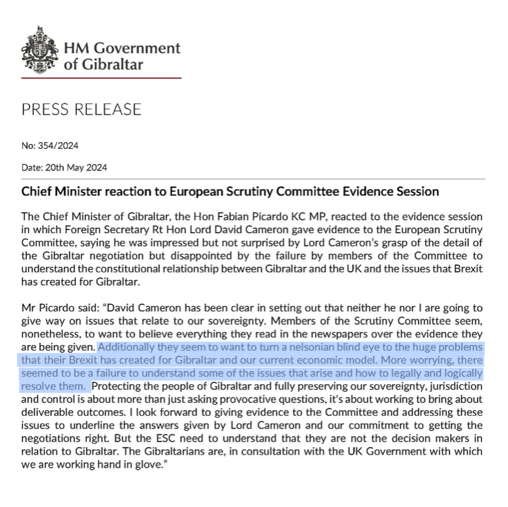 This 👇is a gloriously bitchy press release from the Chief Minister of Gibraltar to the Brexit ayatollahs in London which in diplomatic language is basically saying - 'butt out ! and let the grown-ups sort out the unholy mess you swivel-eyed loons have gotten us into !' 👇