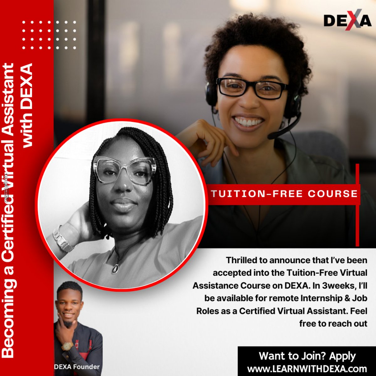 aijay_iho's tweet photo. Thrilled to announce that I’ve been accepted into the Tuition-Free Virtual Assistance Course on DEXA. In 3weeks, I’ll be available for remote Internship &amp; Job Roles as a Certified Virtual Assistant. Feel free to reach out.
https://t.co/OG2yeKKnC4
@Learnwithdexa https://t.co/lom9ZyjnI5