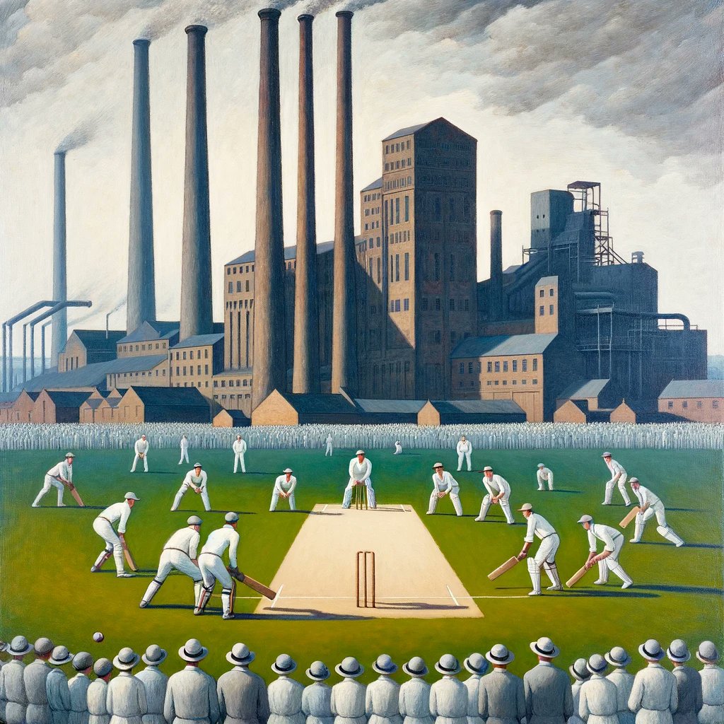 I asked DALL-E to create a picture of a cricket match in the style of L. S. Lowry. It came up with this, which I think has the makings of an interesting new format for the game.