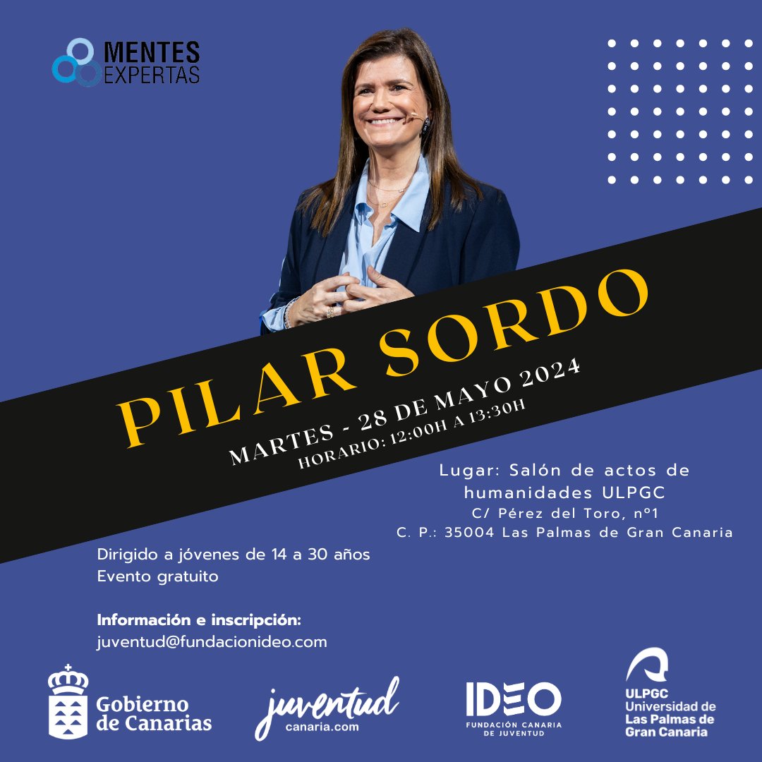 🎓 Evento Gratuito 'Pilar Sordo - Mentes Expertas' Participa en la charla sobre bienestar emocional con la psicóloga chilena Pilar Sordo ¡Plazas limitadas! Inscríbete en juventud@fundacionideo.com @fundacionideo @JuventudCanaria