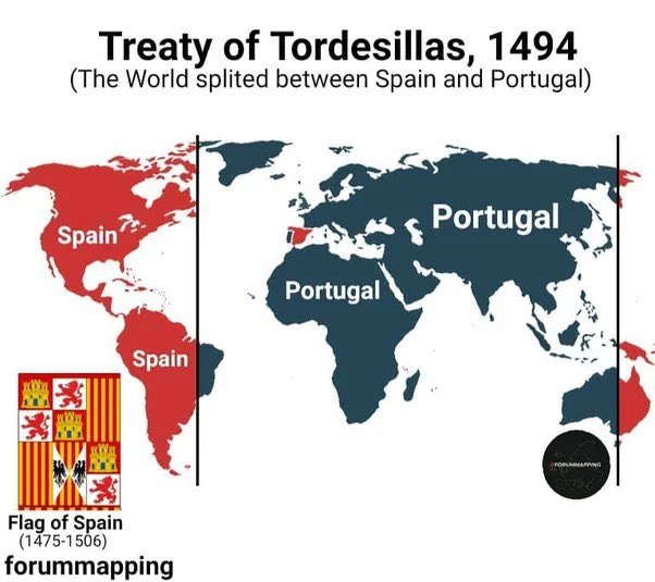 The Tordesillas Treaty between Spain🇪🇸 and Portugal🇵🇹 is one of the early examples of European colonialists drawing lines on maps of places about which they knew little. These great European sea powers agreed that lands discovered outside Europe would be shared.