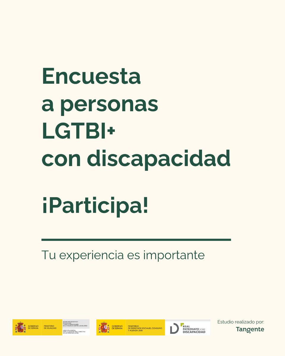 📢📢 Si eres una persona con #discapacidad #LGTBI+, queremos conocer tu realidad para hacer políticas públicas eficaces. 📝 Para ello, te pedimos que contestes esta 𝐞𝐧𝐜𝐮𝐞𝐬𝐭𝐚:   🔗 bit.ly/3K8W8sY 🔗 @IgualdadGob @LGTBIGob @DSocialesGob @MSocialGob @Tangente_coop