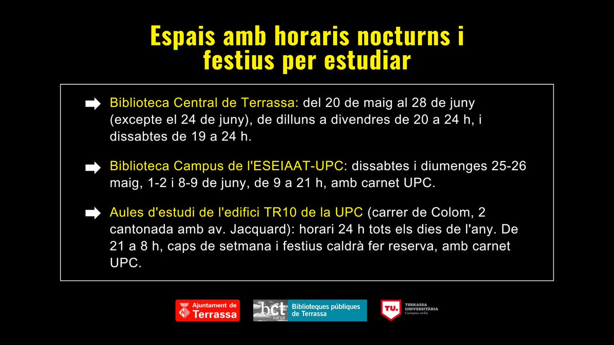 👋 Ei TU.!! Sàpigues que durant el període d’exàmens de juny obrim les aules d’estudi amb horaris nocturns!! Del 20 de maig al 28 de juny 👇:
A la <a href="/bctxarxa/">bct xarxa</a> , la Biblioteca Campus de l’<a href="/eseiaat_upc/">ESEIAAT - UPC</a> i les aules del TR10 de la #UPC!!
ℹ️ terrassa.cat/ca/aules-estudi