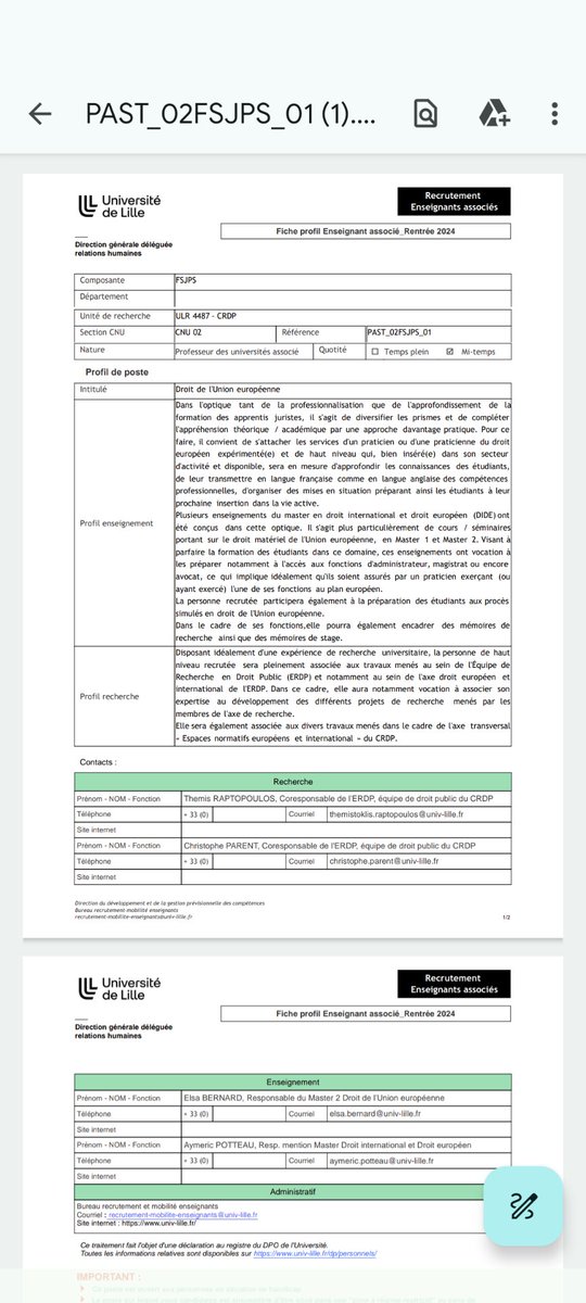 A. Potteau (@apotteau) on Twitter photo L'université de Lille recrute une ou un Professeur associé (mi-temps) en droit de l'Union européenne pour sa <a href="/FSJPS_Ulille/">FSJPS Ulille</a> et en particulier son Master Droit international et Droit européen.
Date limite : 6 juin 2024.
<a href="/_ElsaBernard/">Elsa Bernard</a> L'université de Lille recrute une ou un Professeur associé (mi-temps) en droit de l'Union européenne pour sa <a href="/FSJPS_Ulille/">FSJPS Ulille</a> et en particulier son Master Droit international et Droit européen.
Date limite : 6 juin 2024.
<a href="/_ElsaBernard/">Elsa Bernard</a>
