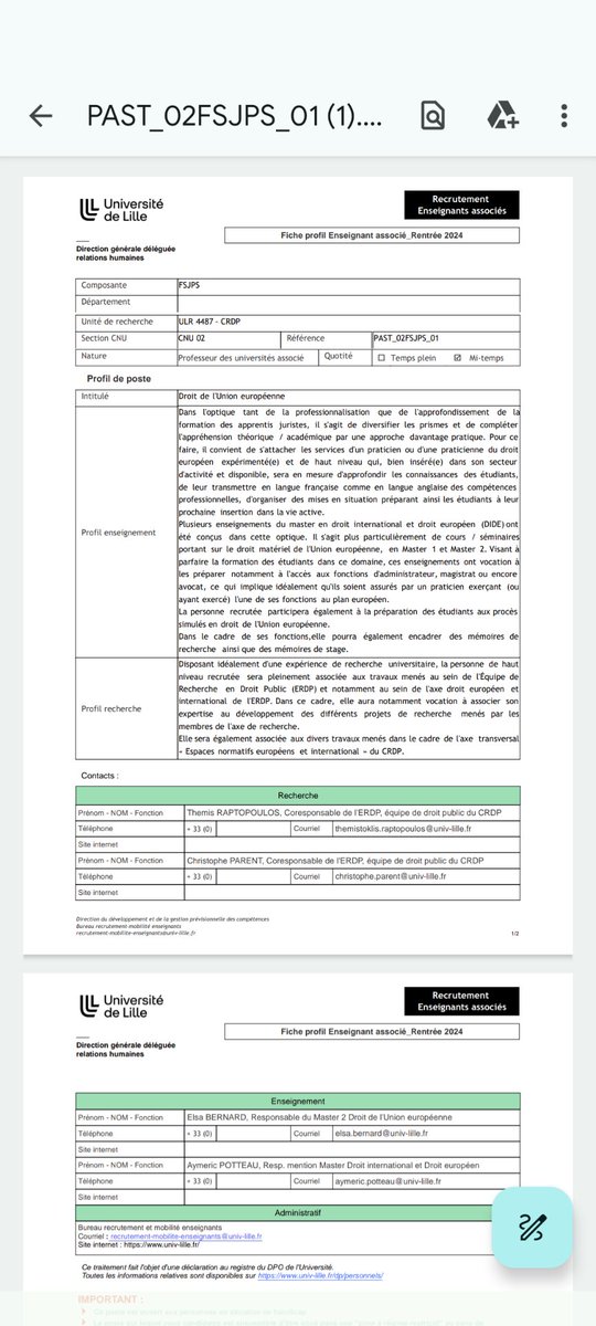 L'université de Lille recrute une ou un Professeur associé (mi-temps) en droit de l'Union européenne pour sa @FSJPS_Ulille et en particulier son Master Droit international et Droit européen. Date limite : 6 juin 2024. @_ElsaBernard