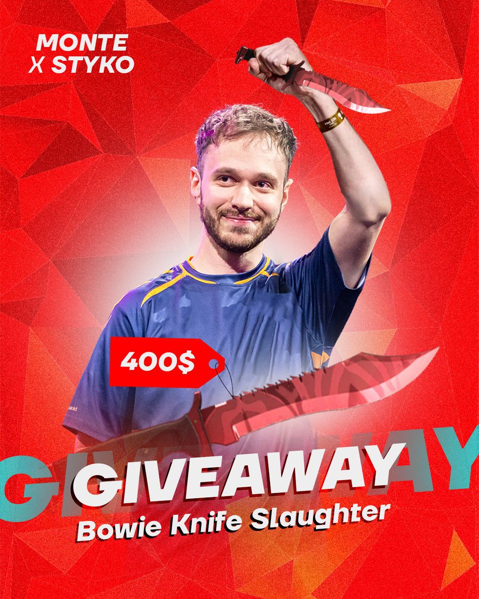 ⚡️#MONTEGANG GIWEAVAY

To get this incredible knife, you need to fulfil very simple conditions👇🏻

✅ FOLLOW <a href="/Monte_Esports/">MONTE ESPORTS 🇺🇦</a> &amp; <a href="/STYKOcs/">STYKO</a> 
✅ RETWEET 

⏱️ Results: 15.06

Good luck boys and girls 🤞🏻🍀