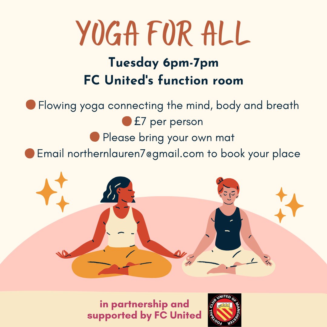 Yoga is an ancient practice that combines physical postures, breathing techniques and meditation. If you're looking to build strength and flexibility, or simply to try something new - come along to our weekly classes and give it a go. Tuesdays 6-7pm⤵️ fc-utd.co.uk/yoga-sessions?…