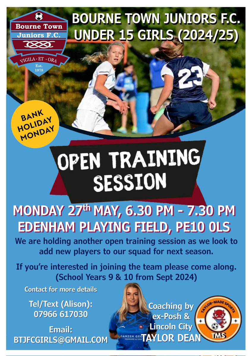⚽️ 𝙊𝙋𝙀𝙉 𝙏𝙍𝘼𝙄𝙉𝙄𝙉𝙂 𝙎𝙀𝙎𝙎𝙄𝙊𝙉  
📅  Mon 27th May 24
🕡 6.30pm - 7.30pm
📍Edenham Playing Field (behind village hall) PE10 0LS
𝘐𝘯𝘵𝘦𝘳𝘦𝘴𝘵𝘦𝘥 𝘪𝘯 𝘫𝘰𝘪𝘯𝘪𝘯𝘨 𝘵𝘩𝘦 𝘵𝘦𝘢𝘮?
𝘗𝘭𝘦𝘢𝘴𝘦 𝘤𝘰𝘮𝘦 𝘢𝘭𝘰𝘯𝘨.