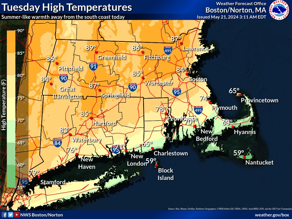 [Tuesday] Dry & quiet weather for much of southern New England today with summer-like warmth away from the immediate south coast. A spot shower or two is possible this afternoon across far northwestern MA. #mawx #ctwx #riwx