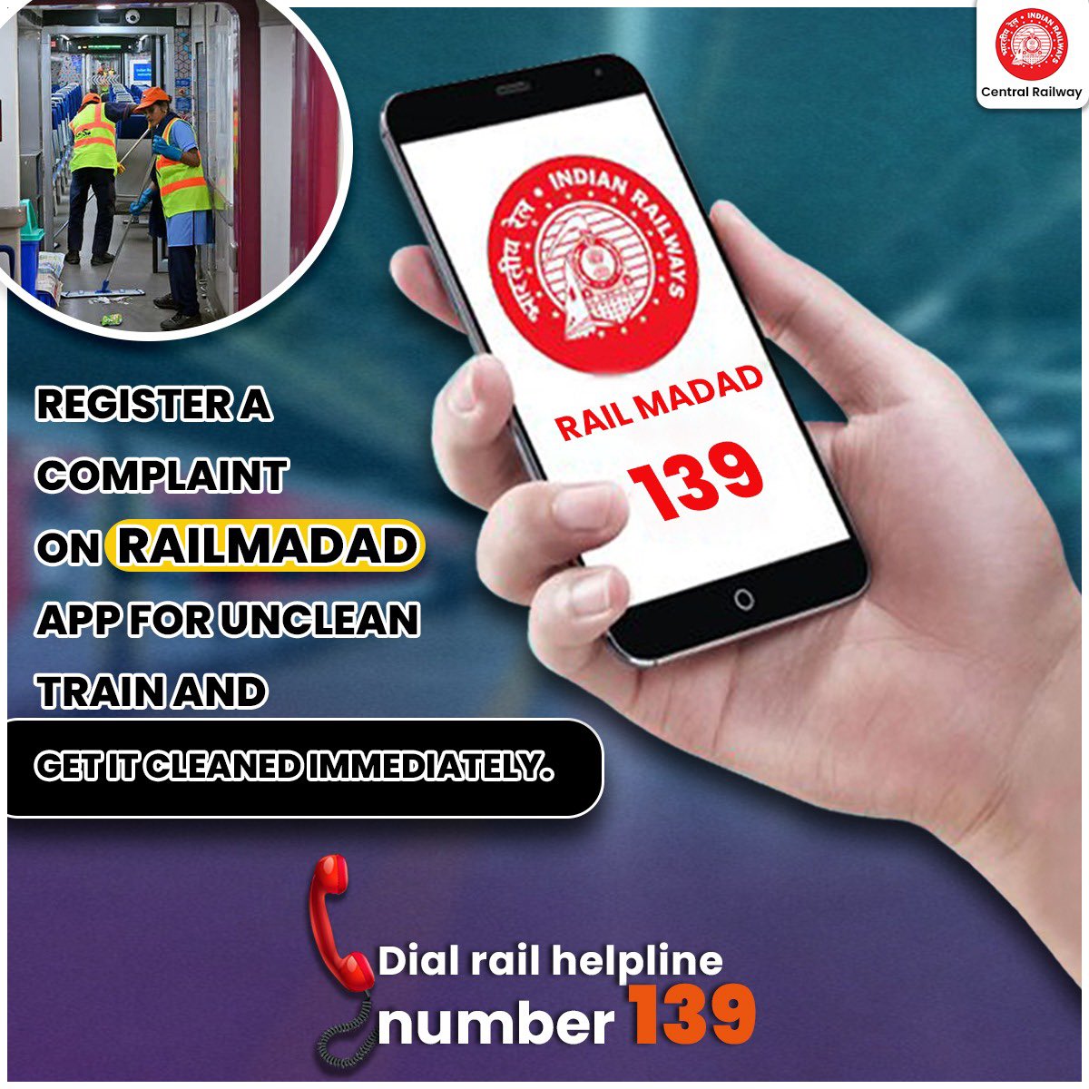 Dial 139 and report unclean trains on the RailMadad app. Let's ensure a clean & hygienic journey for all. You can also use the app to report any other issues during your journey. 📱🚯
#CentralRailway #RailMadad