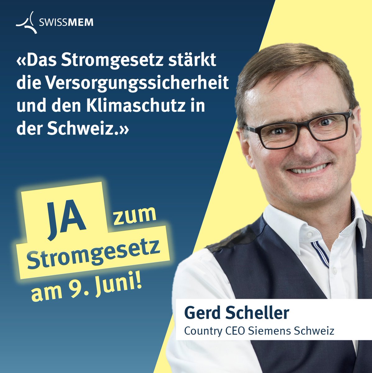 swissmem's tweet photo. ⚙️Als Vertreter der #TechIndustrie sagt Gerd Scheller gemeinsam mit @Swissmem am 9. Juni Ja zum Stromgesetz. Scheller ist Vorstandsausschuss-Mitglied von Swissmem und Country CEO von @Siemens_Schweiz.
💡Das #Stromgesetz legt die Grundlage für eine sichere und zugleich wirtschaftlich tragbare Stromversorgung für die Schweizer Tech-Industrie und Bevölkerung. Die Vorlage:
🏭 ...fördert für die #Unternehmen unserer Branche wichtige Projekte, die insbesondere im Winter zuverlässig #Strom liefern können.
🌱 ...baut die inländische erneuerbare Stromproduktion aus, womit wir an Unabhängigkeit vom Ausland gewinnen.
⚡ ...ist ein erster Schritt in die richtige Richtung. Allerdings braucht es weitere Massnahmen, wie der #technologieoffene Ausbau der inländischen Stromproduktion oder der Abschluss eines Strommarkt-Abkommens mit der EU.
👉 Mehr unter: https://t.co/5vdnyJR2rL.
@stromgesetzja @economiesuisse @gewerbeverband
