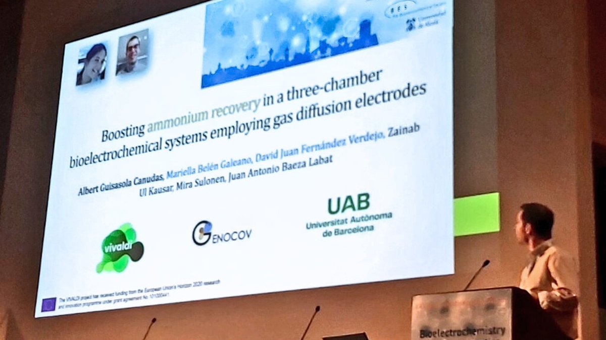 Vivaldi_project's tweet photo. At @BES2024S, the VIVALDI team is presenting great results to fellow bioelectrochemistry experts:
🗨️@PanizIzadi showcased @ElectricUfz's progress in CO2 conversion for industrial application
🗨️ @AlbertGuisasola presented the work done on ammonium recovery in a 3-chamber BES
👏🏼👏🏼 https://t.co/kAcBhbtEdT