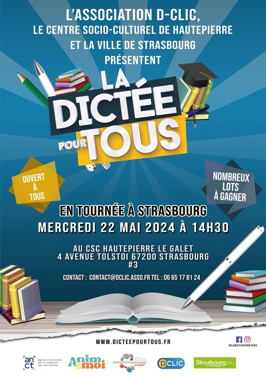 Abdellah Boudour dit Maître Dictée (@abdellahboudour) on Twitter photo 📍STRASBOURG
🗓 mercredi 22 mai à 14H30 <a href="/AssoDClic/">Association D-Clic</a>
📝 Nous sommes heureux de vous convier à une nouvelle édition de la #dicteepourtous
➡️ #Gratuit et ouvert à tous
Venez nombreux !
dicteepourtous.fr
#dictee #dictée #dicteepourtous 📍STRASBOURG
🗓 mercredi 22 mai à 14H30 <a href="/AssoDClic/">Association D-Clic</a>
📝 Nous sommes heureux de vous convier à une nouvelle édition de la #dicteepourtous
➡️ #Gratuit et ouvert à tous
Venez nombreux !
dicteepourtous.fr
#dictee #dictée #dicteepourtous
