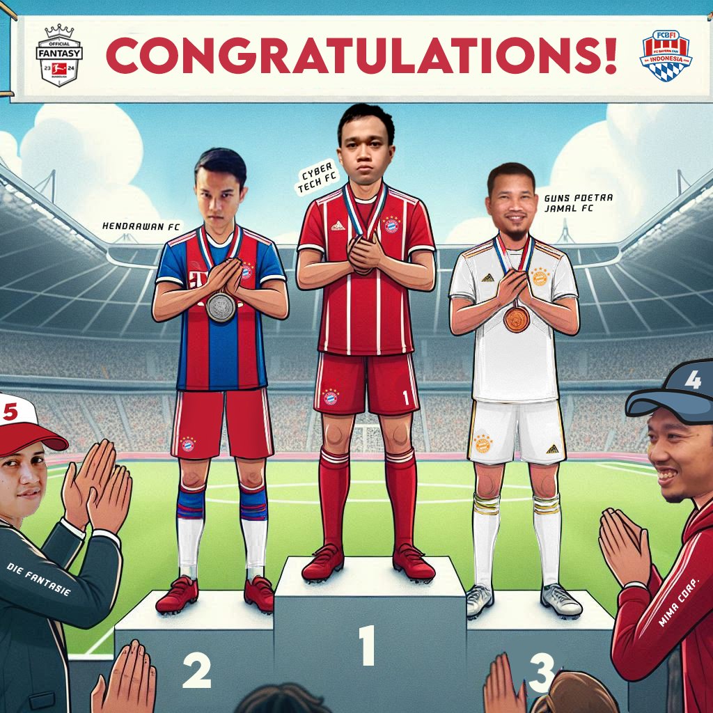fcbayernfanid's tweet photo. Di hari yg berbahagia bersamaan dengan peringatan anniversary #FCBFI ke 16 kita sambut para pemenang FCBFI #BundesligaFantasyLeague 23/24!🥳

Kelima org ini adalah fans yg sukses mengaplikasikan keluh-kesah persoalan lineup #Bundesliga selama satu musim melalui #BundesligaFantasy https://t.co/HUUrWS4onP