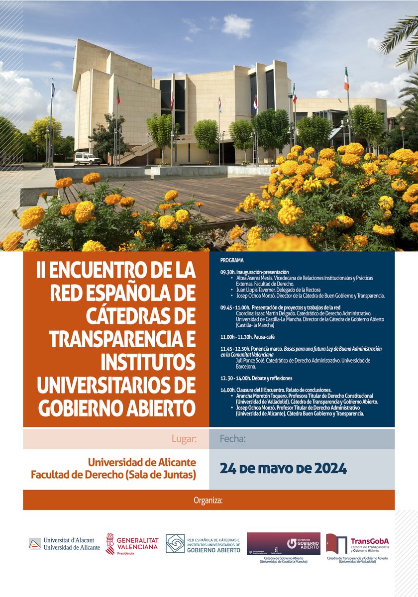 TransGobA participará en el II Encuentro del a Red Española de Cátedras de Transparencia e Institutos Universitarios de Gobierno en la <a href="/UA_Universidad/">Universidad de Alicante UA</a> 

ℹ️transgoba.uva.es/2024/05/21/tra…