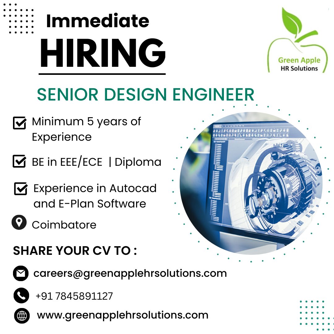 We are looking for a SENIOR DESIGN ENGINEER with a minimum 5 years of Experience.
#greenapplehrsolutions #recruitmentagency #jobconsultancy #opentowork #designengineer #hiring #hiringnow #jobvacancy #jobs2024