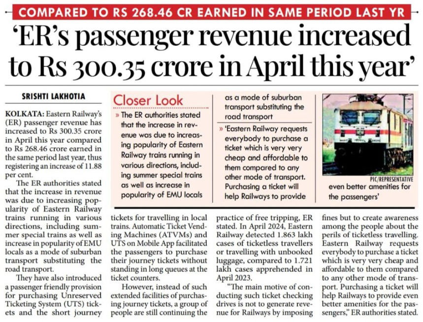 'ER's passenger revenue increased to Rs 300.35 crore in April this year'