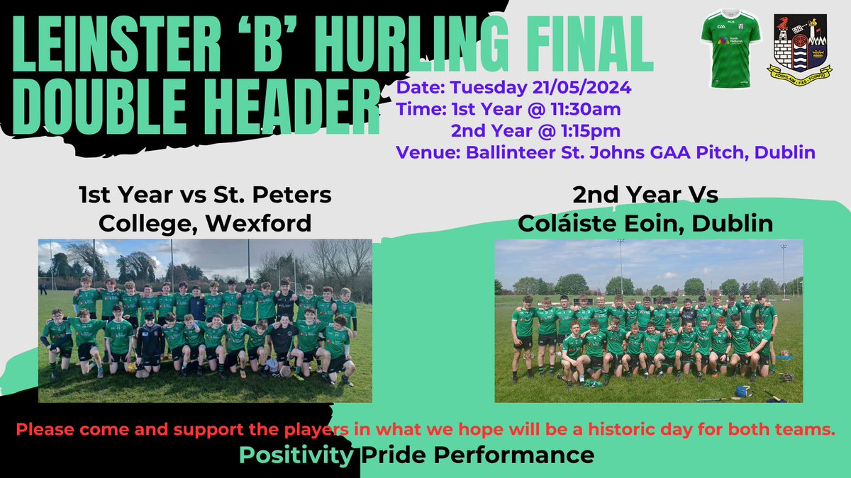 CbsMullingar's tweet image. LEINSTER HURLING FINAL DOUBLE HEADER
Our 1st & 2nd Year Hurlers will fight for Leinster Honours today in Ballinteer St.John's GAA Club. Please come and cheer on the players as they aim for Leinster glory!
#WHGreenArmy
#PositivityPridePerformance