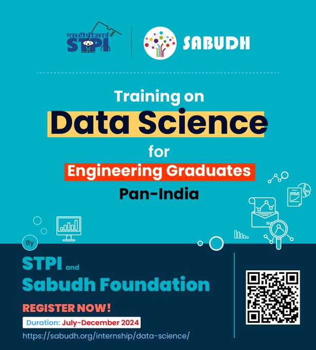 In Collaboration with Sabudh Foundation, #STPIINDIA invites Pan-India Engineering Graduates to Register for the Training on Data Science. Course Duration - July - Dec 2024 Enroll Now - sabudh.org/internship/dat……… @GoI_MeitY @arvindtw @DeveshTyagii @er_ashokg @STPISHIMLA @SabudhF