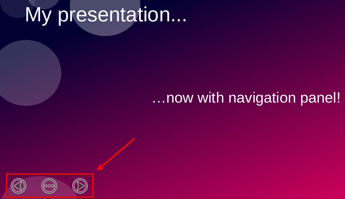 Another #LibreOffice feature you may not know about! You can add a navigation panel for switching slides while viewing a presentation. In the menu: Slide Show ▸ Slide Show Settings ▸ Show navigation bar. (Added in LibreOffice 7.6 😊)