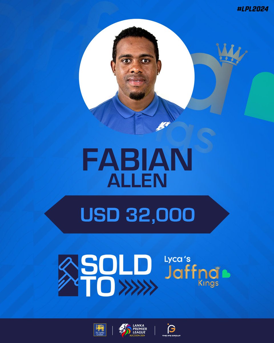 Fabian Allen has been acquired by Jaffna Kings. #LPLAuction #LPL2024 #LPLT20 #LankaPremierLeague