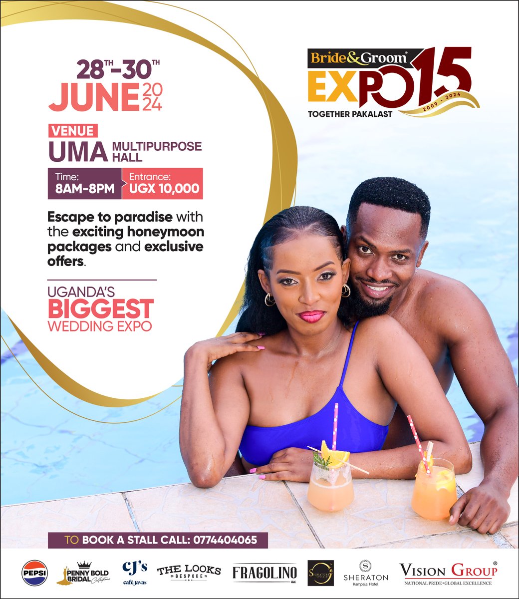 🎉 Don't miss the wedding event of the year! #TheBrideAndGroomExpo is back, #TogetherPakalast! Join us from June 28th-30th at UMA Multipurpose Hall Lugogo. Tickets are just sh10,000, so secure yours now for an unforgettable experience! 💍✨ #VisionUpdates