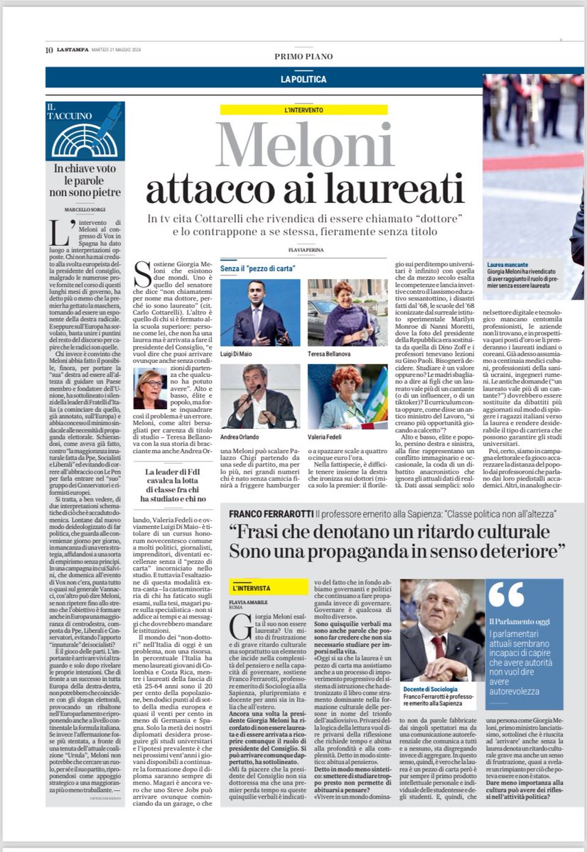 Meloni attacco ai laureati. Flavia Perina su @LaStampa. Chi vuole il popolo bue prima lo sfrutta e poi lo manda al macello. La cultura è libertà. Dalle false idee e dai pregiudizi prima di tutto.