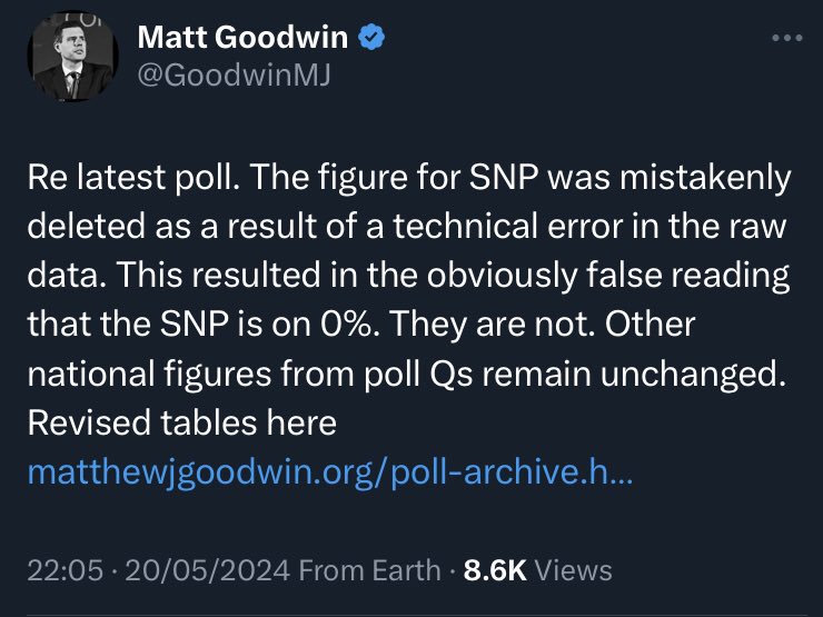 No explanation here of the basic failure to notice that something might be ‘obviously’ wrong if the poll was showing the SNP on 0%. Laughable.