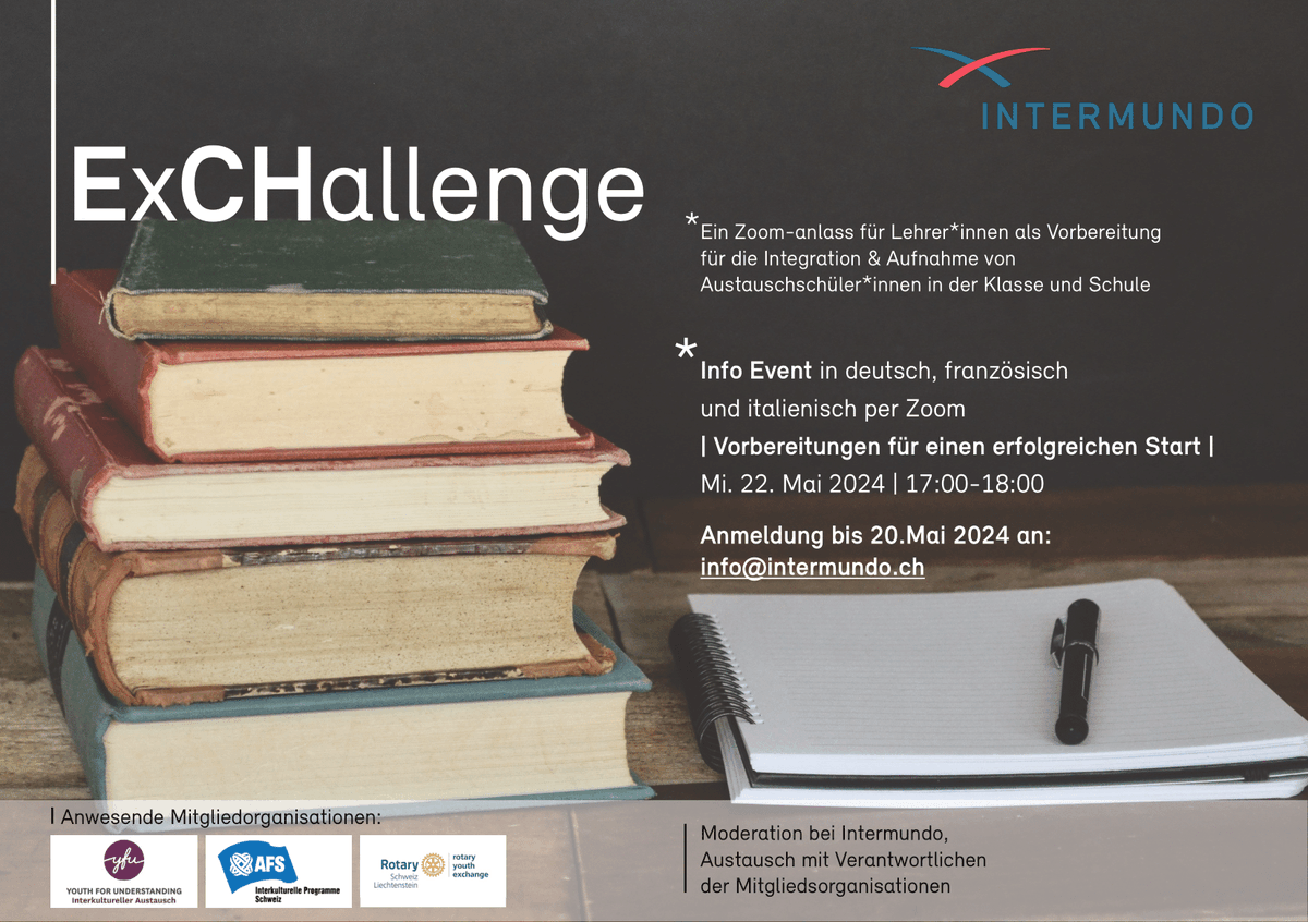 Intermundo1's tweet photo. Morgen ist es soweit!

ExCHallenge mit YFU Schweiz, AFS und Rotary, sei dabei! https://t.co/osFMHa3ZyX