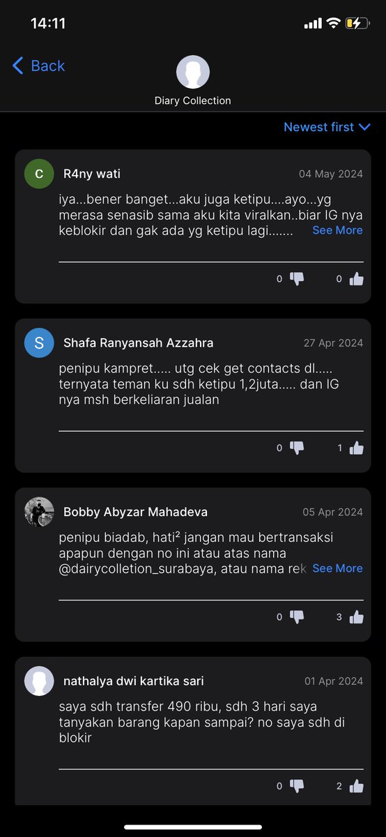 neymulachela's tweet photo. PENIPU!!

Hati-hati untuk yg belanja di DiarycollectionSurabaya karena memang mencurigakan instagramnya ga ada kolom komen. 

Habis transaksi langsung blokir nama pembeli. https://t.co/wbNjvUPq4y