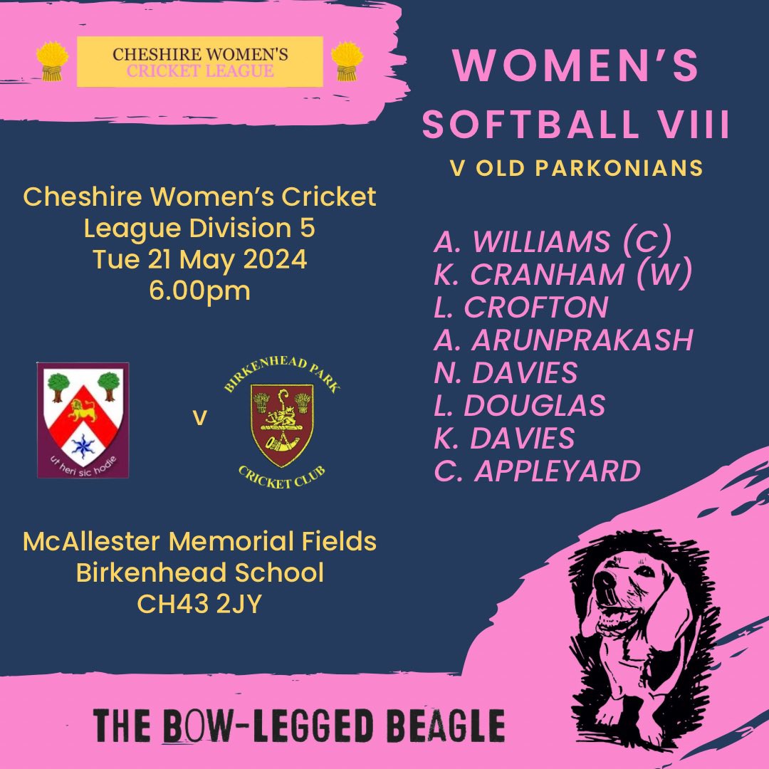 First ever league match for our Women’s Softball team tonight 🚀 Thanks to everyone who has got us to this point, including our lovely kit sponsor @bowleggedbeagle Now it’s over to the players! UP THE PARK! 🌳🏏🌳 @CCBWandG @lpoolcomp @wirralmums #ParkWife