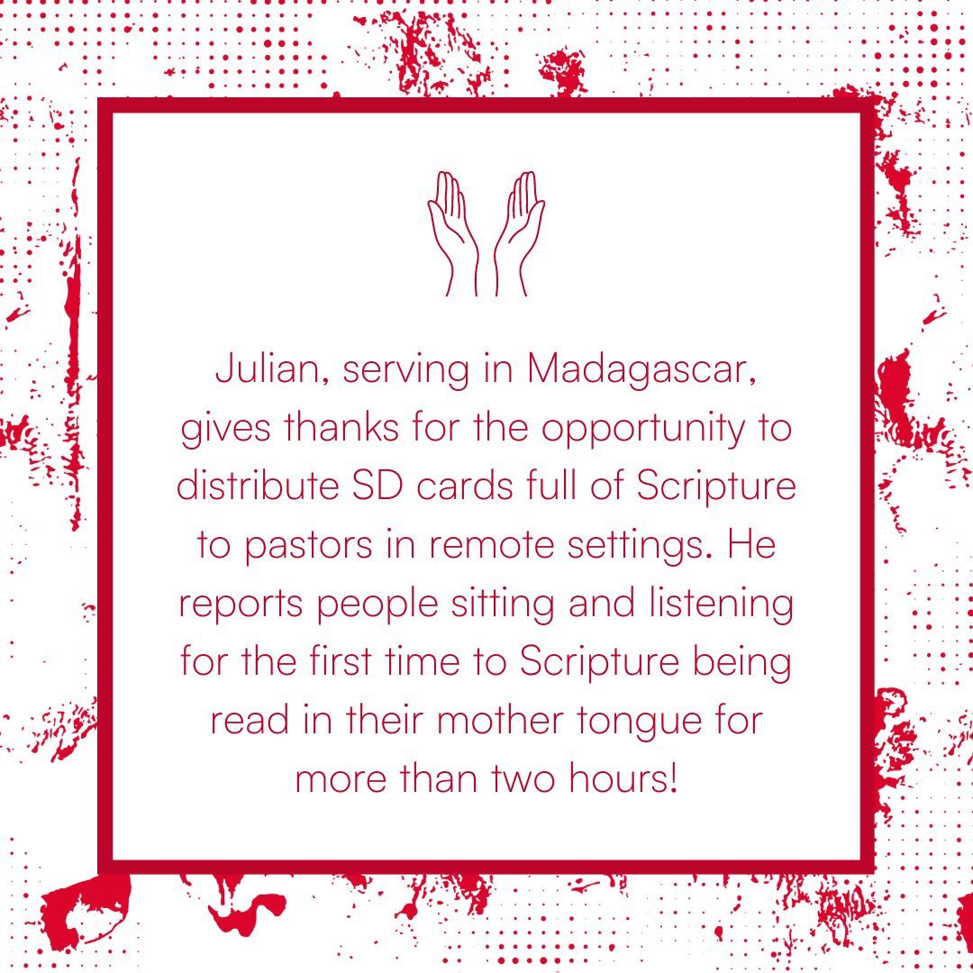 Partnership is so important in ministry. The Tsimihety Bible translation team give thanks for the partnership they have with the Good News Hospital, enabling the recently translated gospel of Luke to travel to remote regions of Madagascar with the community health team.