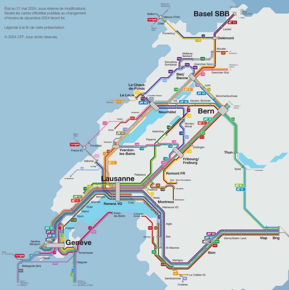 Nouvel horaire #CFF en Suisse romande dès le 15.12.2024. Toutes les minutes de départ changent ! C’est le + grand changement d’horaire depuis Rail2000, il y a 20 ans. Il vise à améliorer la ponctualité et à permettre la réalisation des travaux (entretien+développement) 1/10