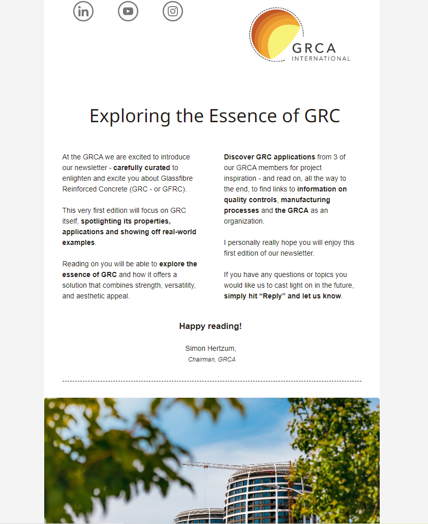 GRCAssociation's tweet photo. 1st of a series of e-Newletters from @grcassociation entitled "What is glassfibre reinforced concrete #GRC / #GFRC" was sent out by email from the #GRCA earlier today
Make sure you receive all future e-Newsletters from the Association by subscribing now at https://t.co/htr976gSE5 https://t.co/6Oe5AUiBoz