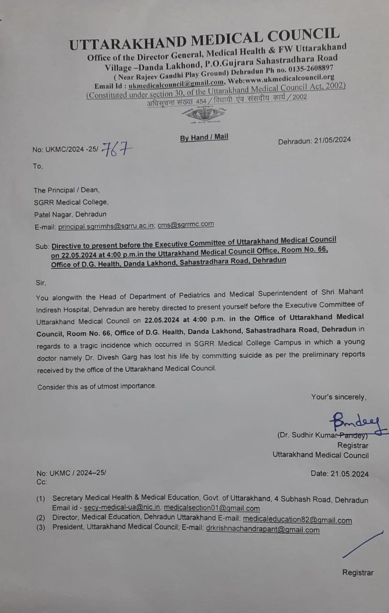 #UPDATE
Principle, Superintendent, HOD paediatric of SGRR ,#Dehradun  has been summoned at Uttarakhand medical council.
#justiceforDrDiveshGarg
 @PMOIndia @pushkardhami