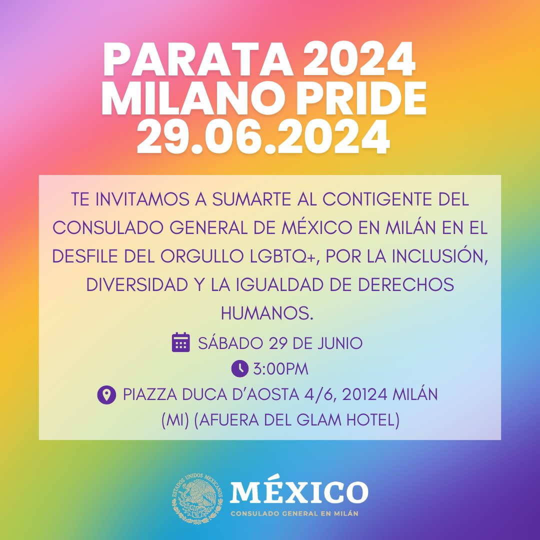 📣@ConsulmexMIL invita a la comunidad mexicana 🇲🇽a unirse a nuestro contingente en el Desfile del Orgullo LGBTQ+ 🏳️‍🌈🏳️‍⚧️que tendrá lugar el sábado 29/6 a las 3pm. ¡Te esperamos! Nos reconocerás porque llevaremos una bandera grande de México 🇲🇽 Inscríbete 👇 forms.gle/C8wbWa2iy5PXBH…