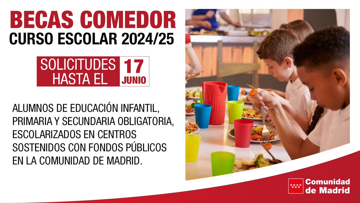 🍽️ La Comunidad de Madrid abre el plazo de solicitudes de las becas de comedor escolar para el curso 2024/25. ✅ 137.000 estudiantes se beneficiarán de estas ayudas, 30.000 más que el año pasado. 🗓️ Hasta el 17 de junio. 📲 c.madrid/BecasComedor