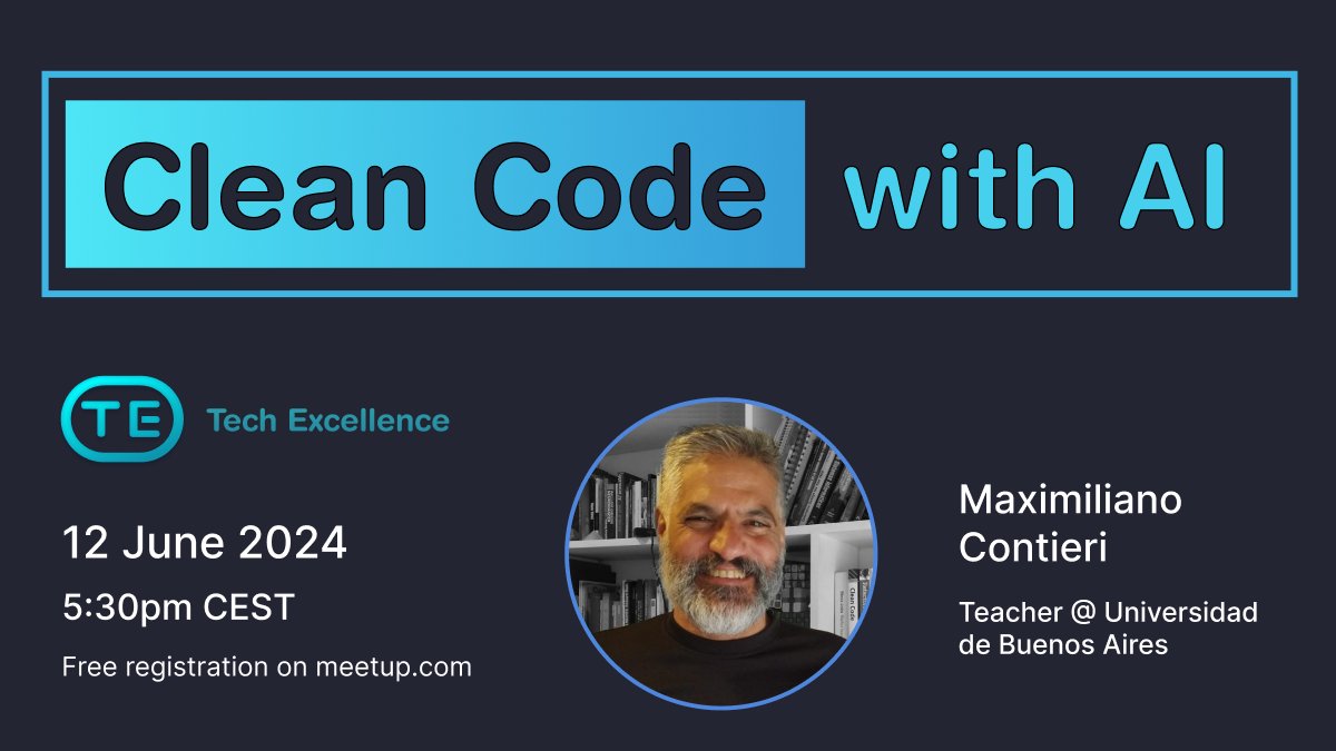 On June 12, @mcsee1 will present: Clean Code with AI. Register here meetup.com/techexcellence… 

Thanks to @ValentinaCupac, @dmokafa, Oliver Zihler & @AlinaLiburkina for organizing the event.

#cleancode #refactoring #ai #chatGPT #gemini #testdrivendevelopment #tdd #techexcellence