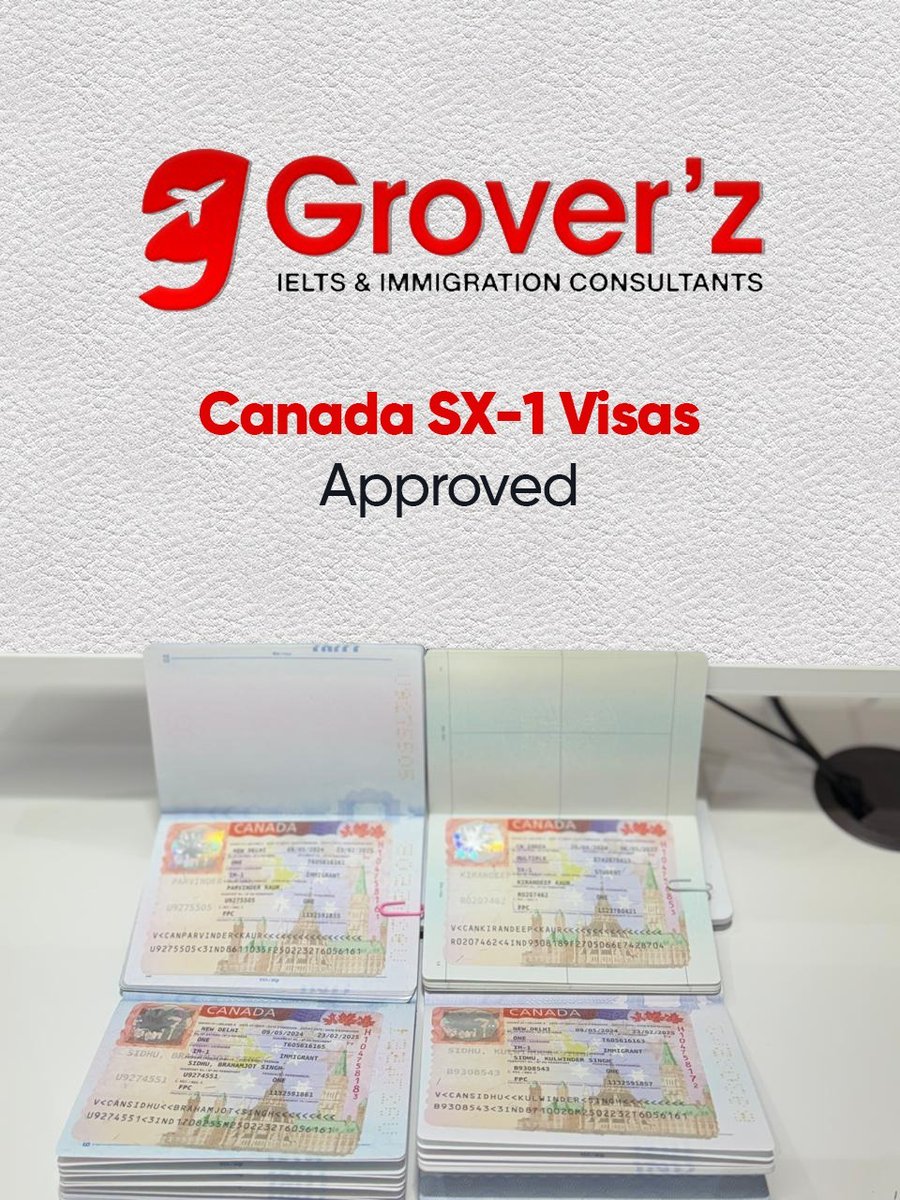 🚀Exciting update! We've successfully acquired 4 Canada SX-1 Visas under the expert guidance of our immigration team. Looking to immigrate to Canada? Reach out to us. #GroverzIeltsImmigration #SX1Visa #Travel #CanadaStudyVisa #ImmigrationConsultant #canada #StudyVisa #Immigration