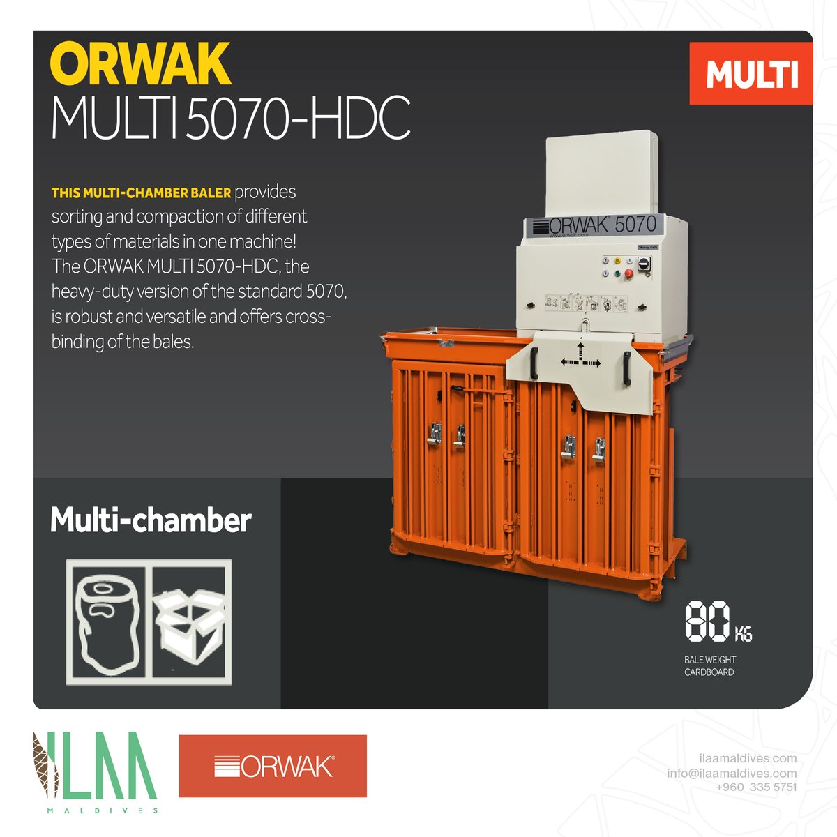 IlaaMaldives's tweet image. Why Orwak 5070-HDC Compactor? 
1- Sorting and compaction of several waste types at source
2-Top-loading of the material in open chambers
3-Total freedom to increase capacity by adding additional chambers
#IlaaMaldives #Orwak #Compactor