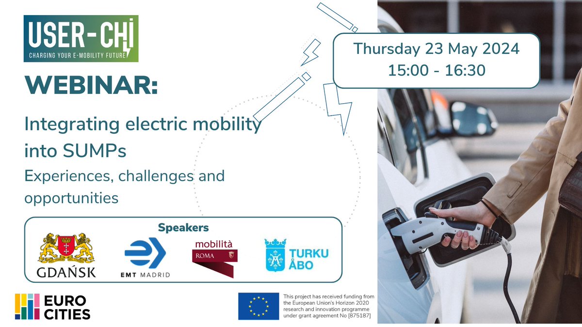 Curious about the role of #ElectricMobility in #Sustainable #Urban #Mobility Plans (#SUMP)? 🚃⚡ 

📅 Join us this Thursday, 23 May, for the next USER-CHI #webinar with the cities of Turku, Rome, Gdansk and Madrid! ⚡

Register now: events.teams.microsoft.com/event/f4604f1a…
