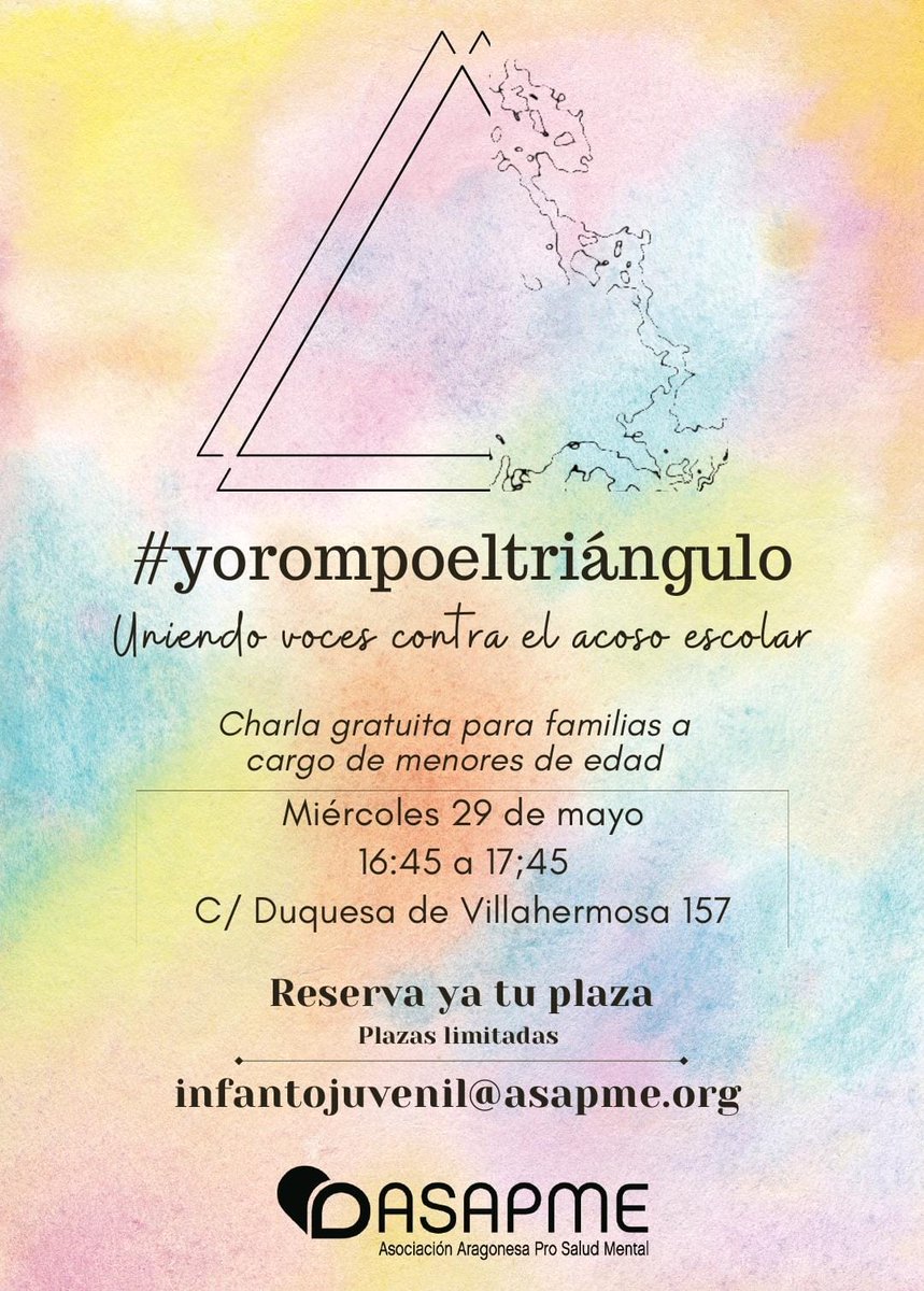 ASAPMEAragon's tweet photo. 👨‍👩‍👧‍👦 La #escueladefamilias del Departamento Infantojuvenil de @ASAPME Aragón aborda una de las preocupaciones de las #familias: El acoso escolar
🙎🏻‍♀️ @Silvs_p 
📅 Miércoles 29 de mayo 
⏰16:45h. a 17:45h
🏢 Duquesa Villahermosa, 157
✍️Reserva tu plaza 📧 infantojuvenil@asapme.org https://t.co/NawtX3dCRi