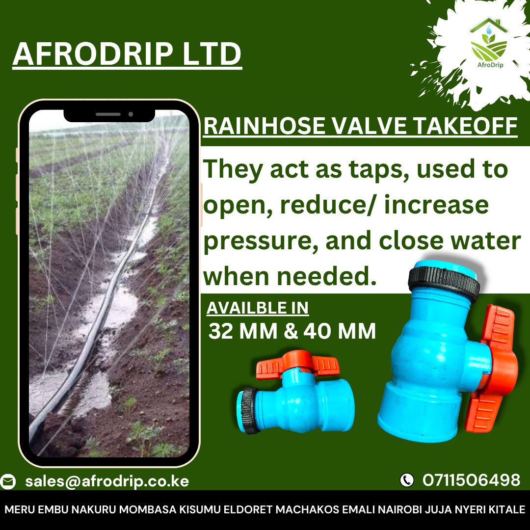 Rainhose valve takeoffs: Control your water flow effortlessly with taps designed to open, adjust pressure, and close as needed.
For expert guidance
☎️ 0711506498
✉️ sales@afrodrip.co.ke
Available at all Afrodrip's outlets countrywide
#rainhose #Afrodripltd #rainhoseirrigation