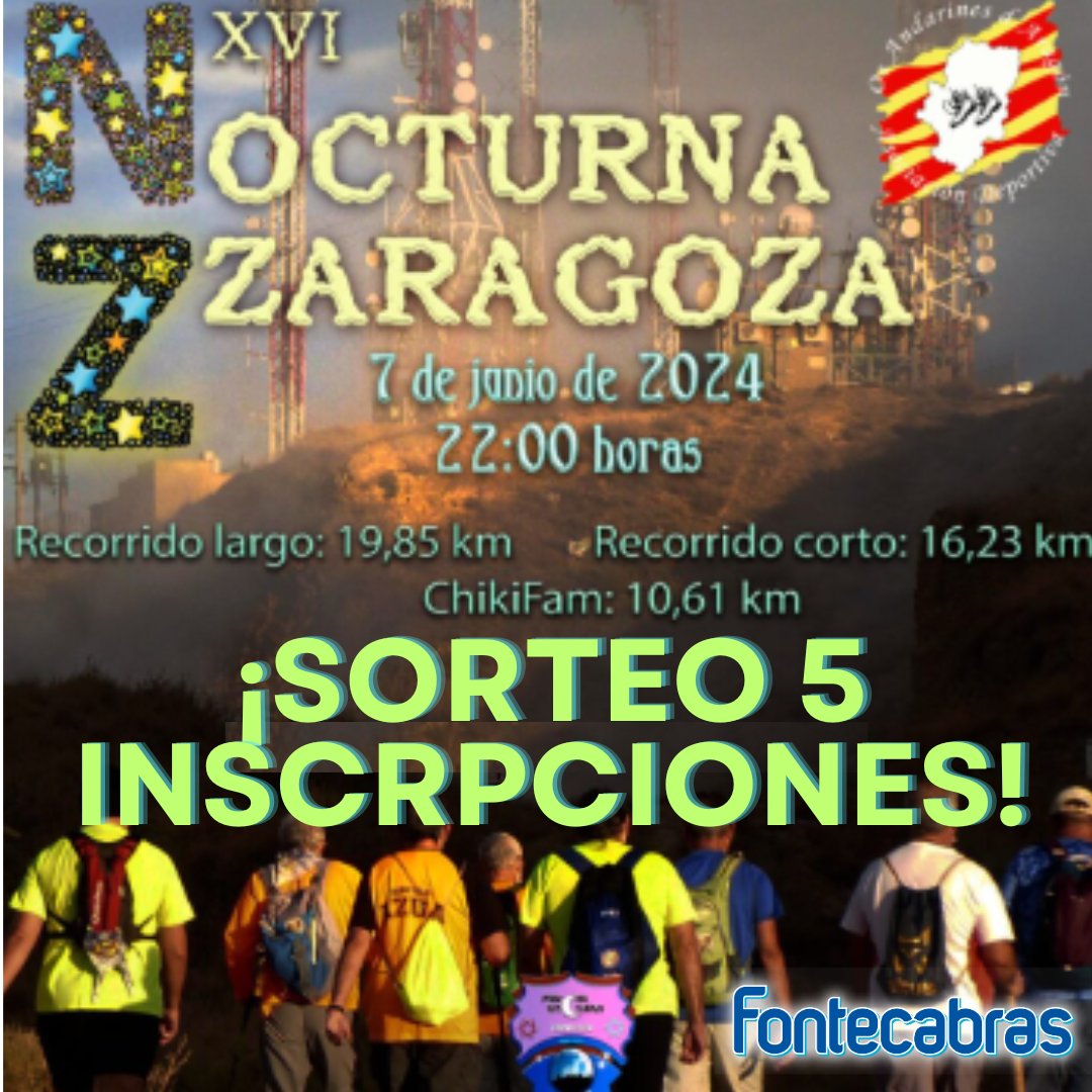 ¡¡SORTEO 5 INSCRIPCIONES!!
El día 7 de junio a las 22h. se celebra la XVI MARCHA NOCTURNA DE ZARAGOZA, andada que recorre los montes de Juslibol y las riberas del Ebro.
¿¿Cómo puedes participar??
Metete en nuestra cuenta de Instagram @agua_fontecabras y participa.