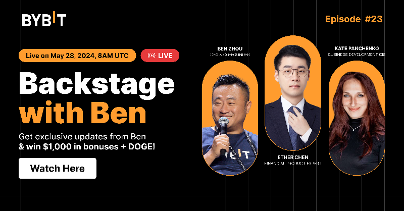 Bybit_Official's tweet photo. 😎 Don't miss the 2024 May edition of #BackstageWithBen!

Join @Benbybit as he teams up with our ByBuddies, Ether &amp; Kate!

📆 Streaming on May 28, 8AM UTC

🎁 1,000 USD Worth of Prizes in $DOGE and Trading Bonuses awaits, Click Watch Here Now!